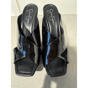 Women's Jessica Simpson Black Patent Wedge Cross Strap Sandals Size 10